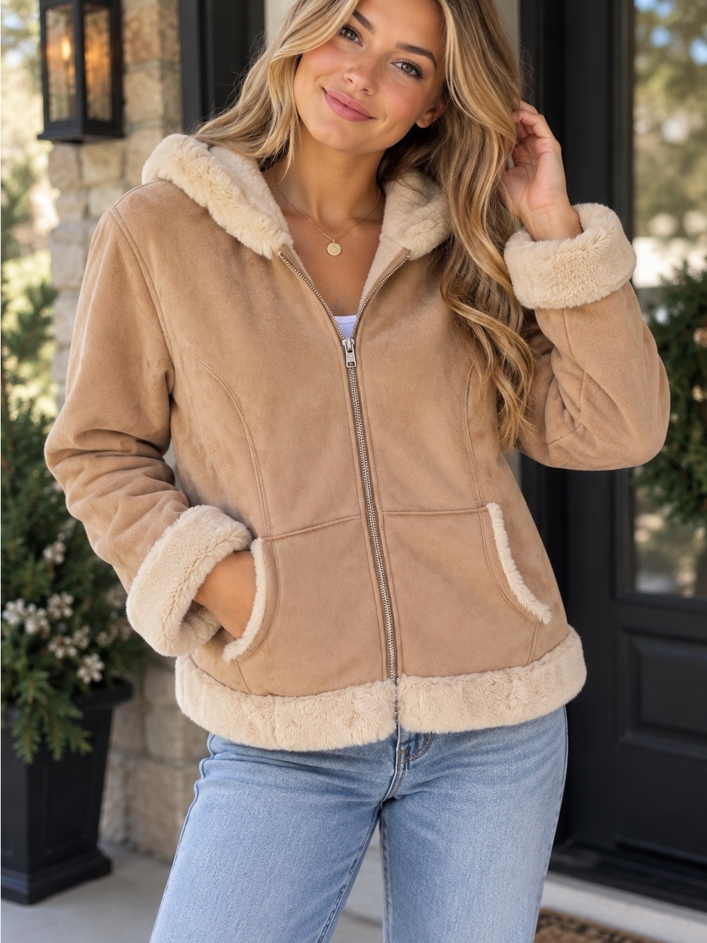 Hollister Womens L Faux Suede Sherpa Jacket Tan Hooded Full Zip Coat Super Soft